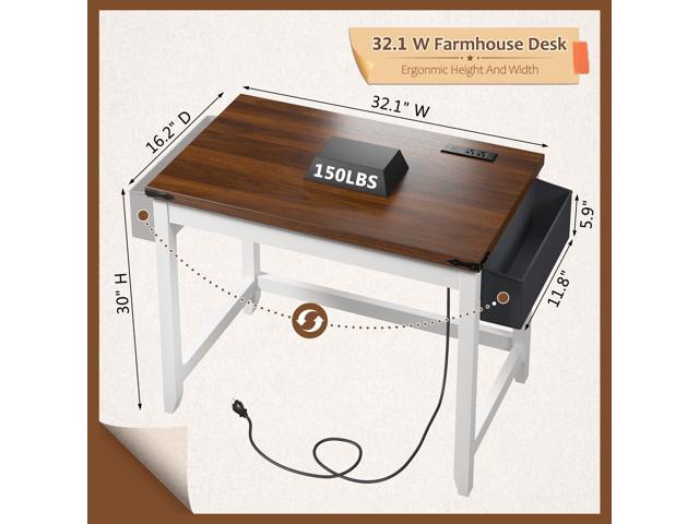 EnHomee 32 Inch Small Desk with Storage Bag Detachable, Gaming Desk with Power Outlet, Modern Simple Home Office Desk and Writing Desk for Small...