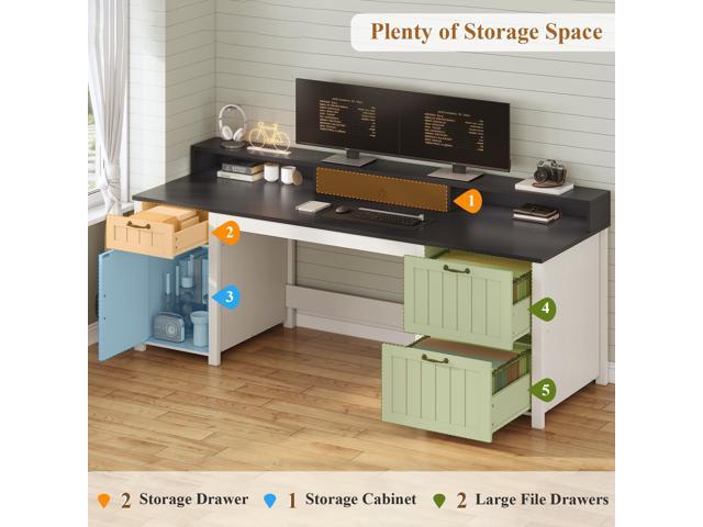 SEDETA Farmhouse 63' Executive Desk, Home Office Desk with File Drawer and Monitor Stand, Computer Desk with Drawers and Storage Cabinet, Wood Desk...