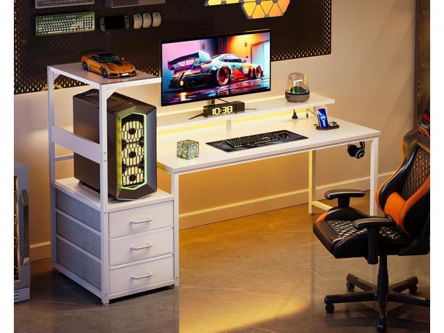 Casaottima 59 Inch Gaming Desk with USB Charging Ports & LED Light - Reversible Computer Desk with 3 Fabric Drawers, Monitor Stand, CPU Stand, and...