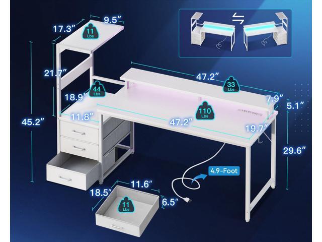 Casaottima 59 Inch Gaming Desk with USB Charging Ports & LED Light - Reversible Computer Desk with 3 Fabric Drawers, Monitor Stand, CPU Stand, and...