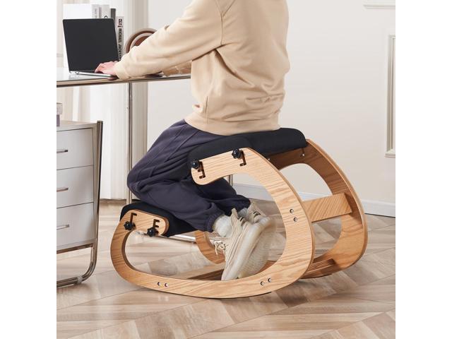 Ergonomic Kneeling Chair, Adjustable Rocking Office Chair Wooden Knee Chair Posture Chair for Home Office Back Pain Relief, Black