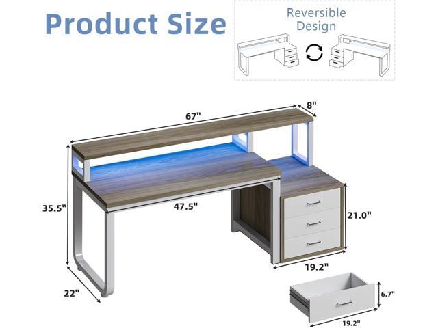 67'' Home Office Desk with Drawers, Computer Desk with Drawers and LED Lights, Long Desk with Moniter Stand, White and Walnut