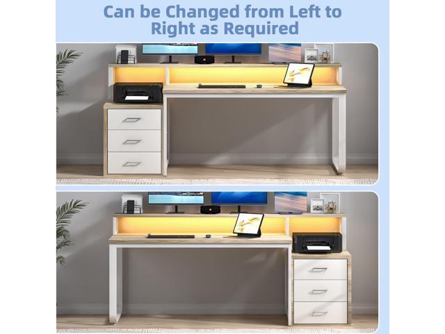 67'' Home Office Desk with Drawers, Computer Desk with Drawers and LED Lights, Long Desk with Moniter Stand, White and Walnut