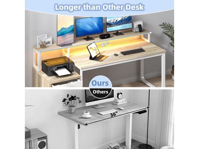 67'' Home Office Desk with Drawers, Computer Desk with Drawers and LED Lights, Long Desk with Moniter Stand, White and Walnut