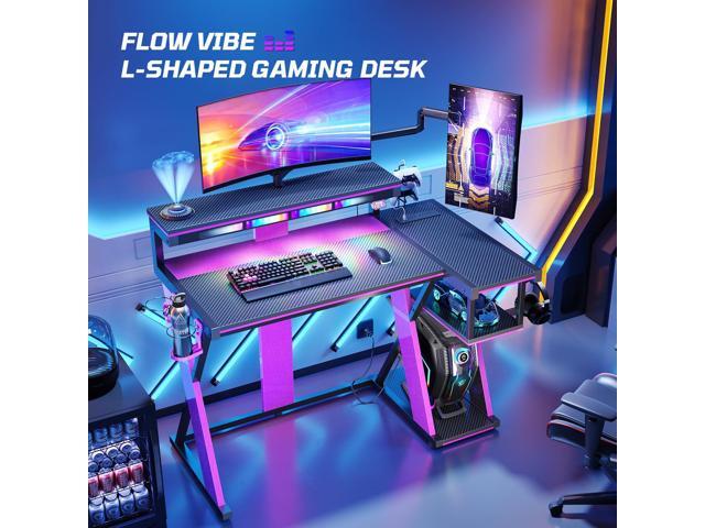 Bestier Computer Desk with Music Sync Light, Flow Vibe Corner Desk with Monitor Stand and PS5 Storage Shelves, Cup Holders, and Headset Hooks for...