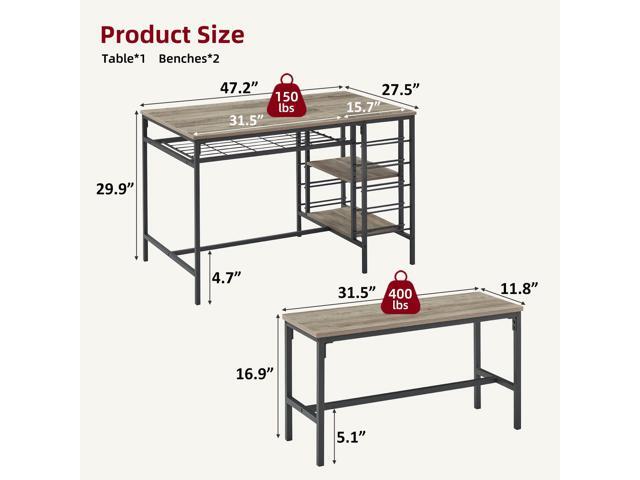 47' Dining Table Set for 4, 3 Pieces Kitchen Table Set with 2 Benches, Wine Rack and 2-Tier Storage Shelves, Space-Saving Breakfast Table Set for...