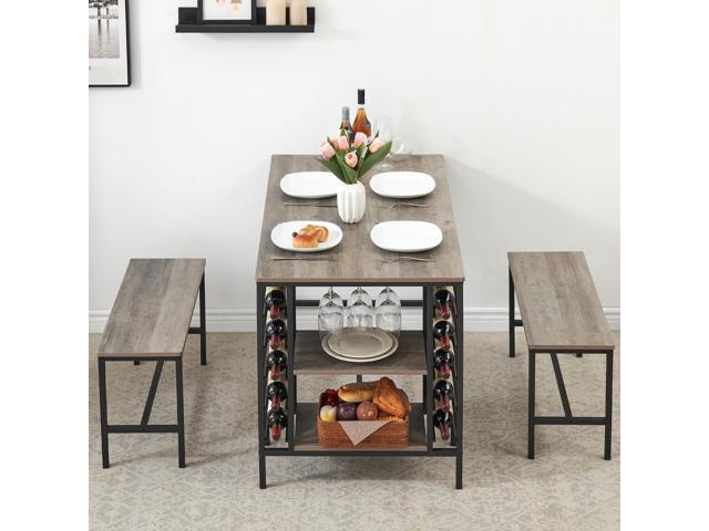 47' Dining Table Set for 4, 3 Pieces Kitchen Table Set with 2 Benches, Wine Rack and 2-Tier Storage Shelves, Space-Saving Breakfast Table Set for...
