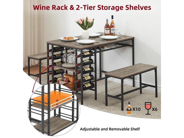 47' Dining Table Set for 4, 3 Pieces Kitchen Table Set with 2 Benches, Wine Rack and 2-Tier Storage Shelves, Space-Saving Breakfast Table Set for...