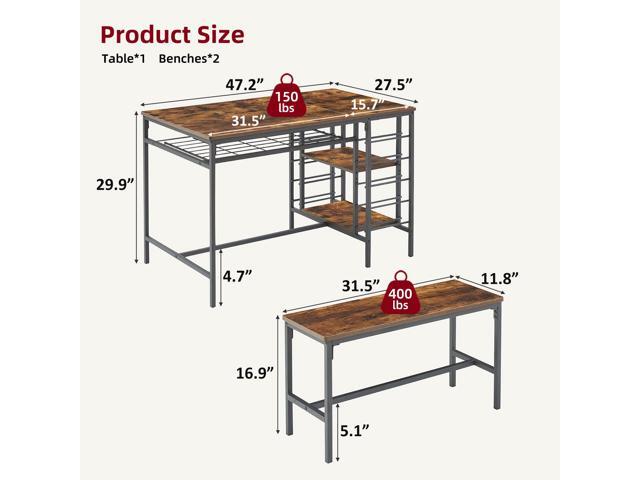 47' Dining Table Set for 4, 3 Pieces Kitchen Table Set with 2 Benches, Wine Rack and 2-Tier Storage Shelves, Space-Saving Breakfast Table Set for...