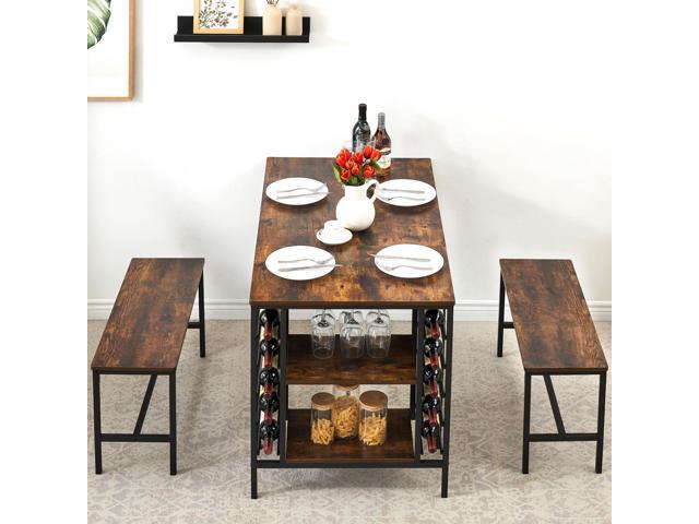 47' Dining Table Set for 4, 3 Pieces Kitchen Table Set with 2 Benches, Wine Rack and 2-Tier Storage Shelves, Space-Saving Breakfast Table Set for...