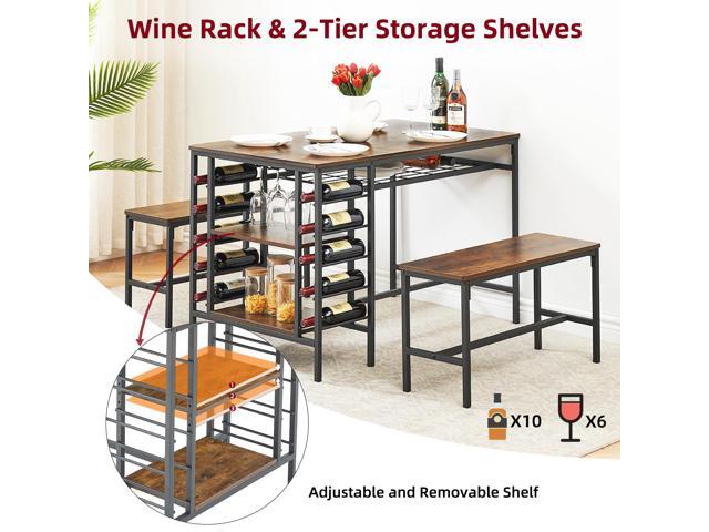 47' Dining Table Set for 4, 3 Pieces Kitchen Table Set with 2 Benches, Wine Rack and 2-Tier Storage Shelves, Space-Saving Breakfast Table Set for...