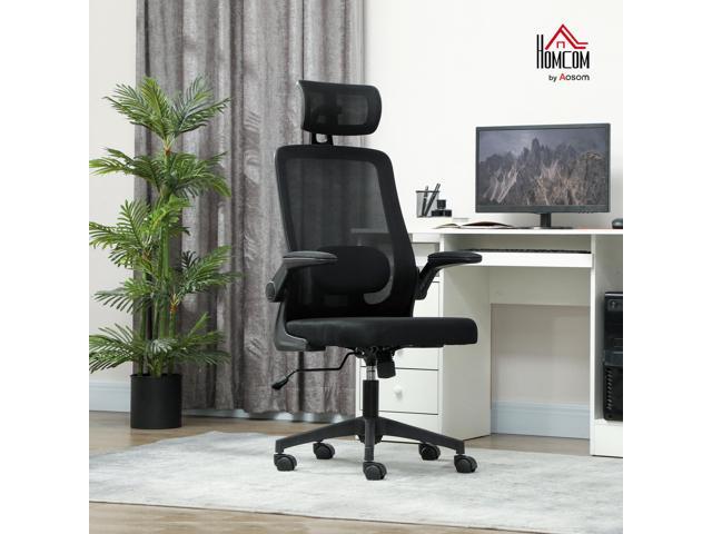 HOMCOM Office Chair, High Back Desk Chair with Flip-up Armrest, Rotatable Headrest, Tilt Function, Adjustable Lumbar Support, Swivel Wheels for...