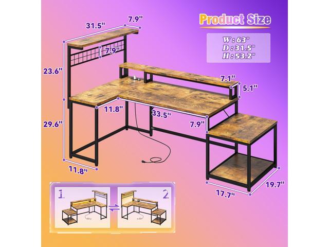 EnHomee 63' L Shaped Gaming Desk with LED Lights & Power Outlets,Reversible Corner Gaming Table with Storage Shelf & Hooks,Computer Desk with...