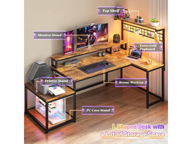 EnHomee 63' L Shaped Gaming Desk with LED Lights & Power Outlets,Reversible Corner Gaming Table with Storage Shelf & Hooks,Computer Desk with...