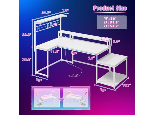 EEnHomee 56' Medium L Shaped Gaming Desk with LED & Power Outlets,Computer Desk with Monitor Stand & Print Stand for Home Office,Reversible Corner...