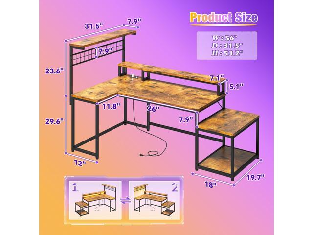 EnHomee 56' Medium L Shaped Gaming Desk with LED & Power Outlets,Computer Desk with Monitor Stand & Print Stand for Home Office,Reversible Corner...