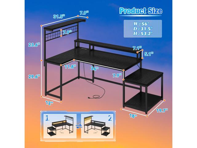 EnHomee 56' Medium L Shaped Gaming Desk with LED & Power Outlets,Computer Desk with Monitor Stand & Print Stand for Home Office,Reversible Corner...