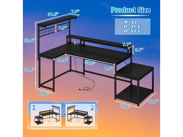 EnHomee 63' L Shaped Gaming Desk with LED Lights & Power Outlets,Reversible Corner Gaming Table with Storage Shelf & Hooks,Computer Desk with...