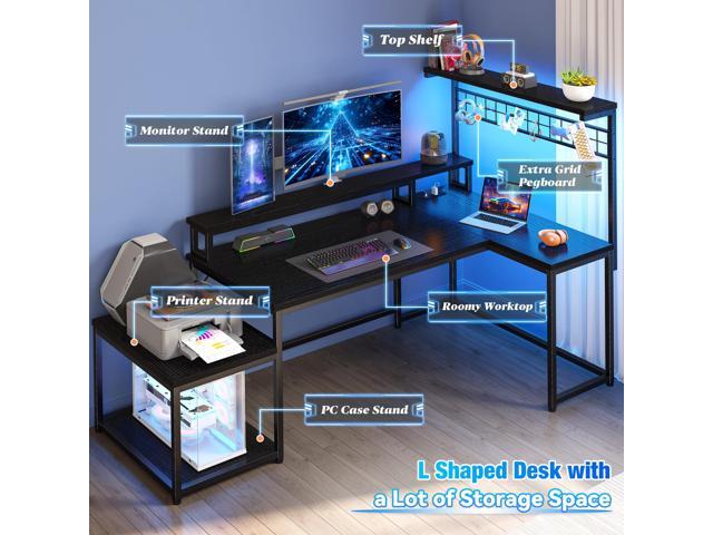 EnHomee 63' L Shaped Gaming Desk with LED Lights & Power Outlets,Reversible Corner Gaming Table with Storage Shelf & Hooks,Computer Desk with...