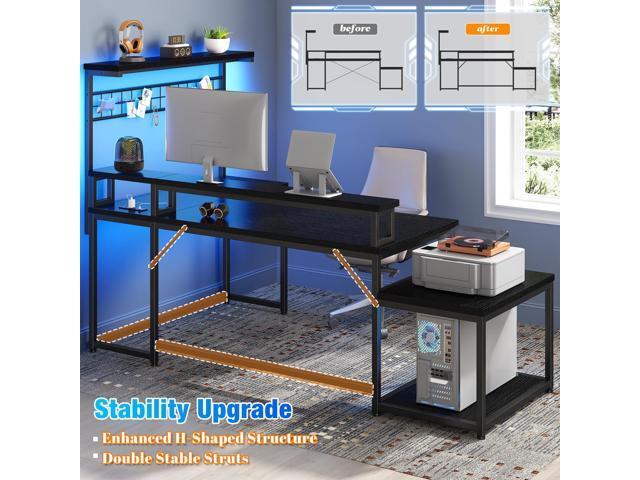 EnHomee 63' L Shaped Gaming Desk with LED Lights & Power Outlets,Reversible Corner Gaming Table with Storage Shelf & Hooks,Computer Desk with...