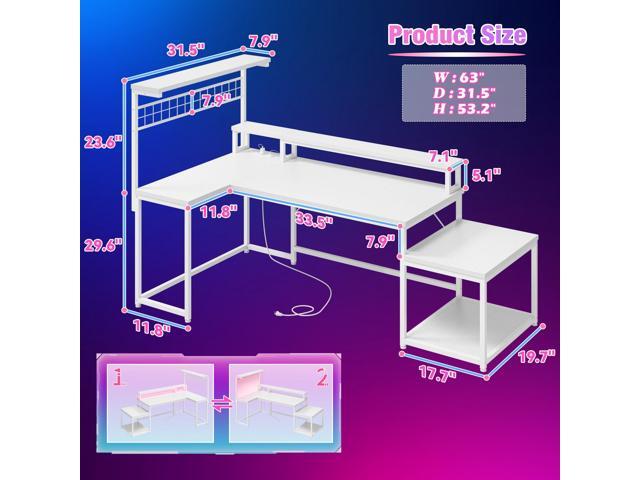 EnHomee 63' L Shaped Gaming Desk with LED Lights & Power Outlets,Reversible Corner Gaming Table with Storage Shelf & Hooks,Computer Desk with...