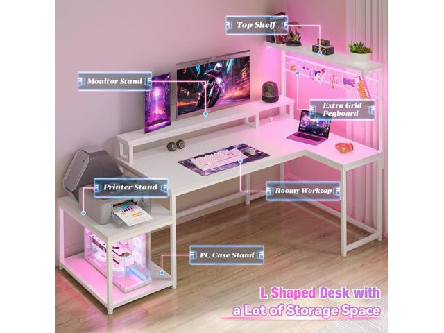 EnHomee 63' L Shaped Gaming Desk with LED Lights & Power Outlets,Reversible Corner Gaming Table with Storage Shelf & Hooks,Computer Desk with...