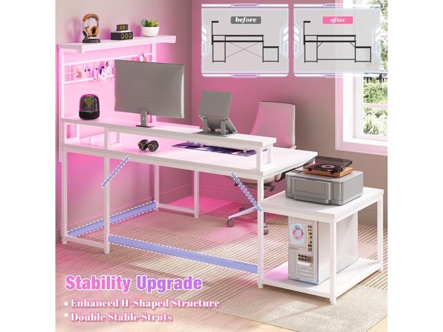 EnHomee 63' L Shaped Gaming Desk with LED Lights & Power Outlets,Reversible Corner Gaming Table with Storage Shelf & Hooks,Computer Desk with...