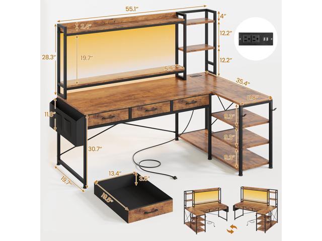 SEDETA 55' L Shaped Desk with Hutch, Corner Computer Desk with Drawers & Shelves, Reversible L Shaped Gaming Desk with Power Strip & LED Lights,...