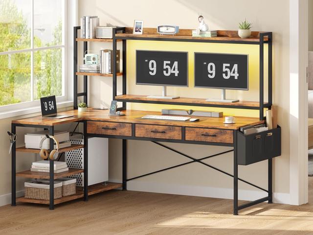 SEDETA 55' L Shaped Desk with Hutch, Corner Computer Desk with Drawers & Shelves, Reversible L Shaped Gaming Desk with Power Strip & LED Lights,...