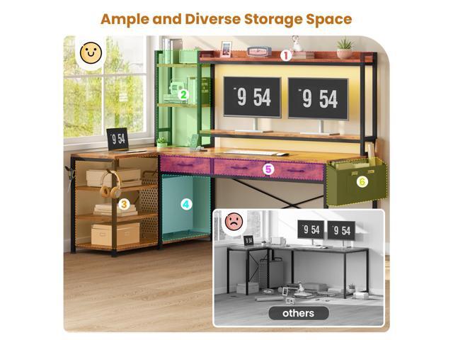 SEDETA 55' L Shaped Desk with Hutch, Corner Computer Desk with Drawers & Shelves, Reversible L Shaped Gaming Desk with Power Strip & LED Lights,...