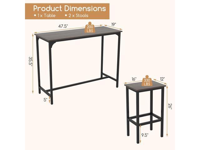 COSTWAY 3-Piece Dining Table Set, 47.5' Industrial Counter-Height Kitchen Table and 2 Bar Stools, High Top Rectangular Pub Table and Chairs for...