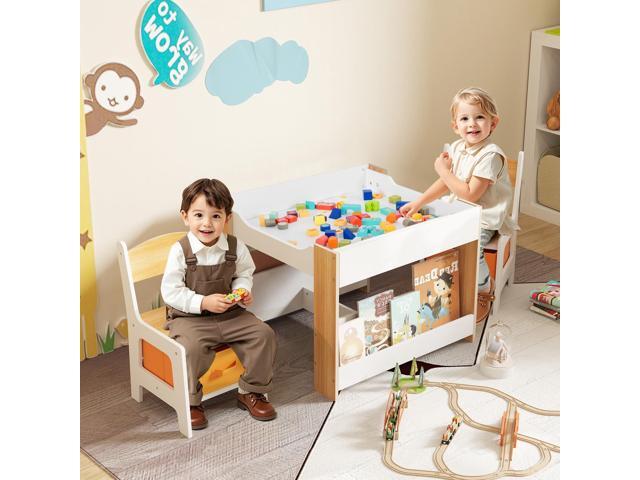 GLACER Kids Table and Chairs, 4 in 1 Wooden Activity Table with Bookshelves, Reversible Tabletop, Chalkboard for Crafts, Drawing, Toddler Table and...