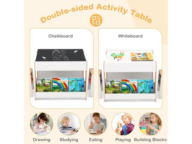 GLACER Kids Table and Chairs, 4 in 1 Wooden Activity Table with Bookshelves, Reversible Tabletop, Chalkboard for Crafts, Drawing, Toddler Table and...