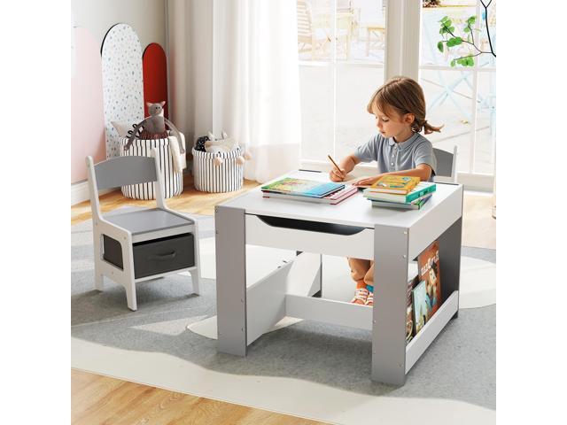 GLACER Kids Table and Chairs, 4 in 1 Wooden Activity Table with Bookshelves, Reversible Tabletop, Chalkboard for Crafts, Drawing, Toddler Table and...