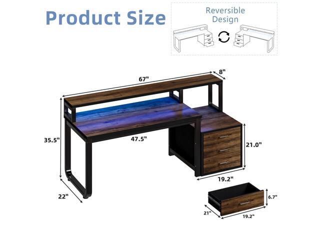 67'' Computer Desk with Drawers, Black Desk with Storage and Monitor Stand, Home Office Desk with LED Lights, Black and Walnut
