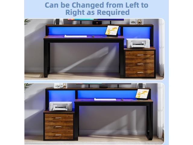 67'' Computer Desk with Drawers, Black Desk with Storage and Monitor Stand, Home Office Desk with LED Lights, Black and Walnut