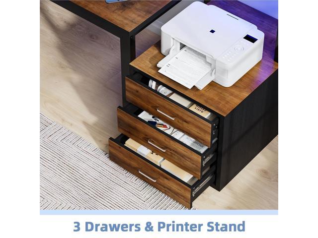 67'' Computer Desk with Drawers, Black Desk with Storage and Monitor Stand, Home Office Desk with LED Lights, Black and Walnut