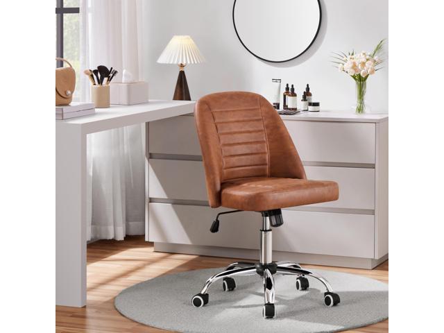 Yaheetech PU Leather Armless Task Office Chair, Modern Tiltable Mid Back Vanity Chair with Rolling Wheels, Metal Base Retro Brown