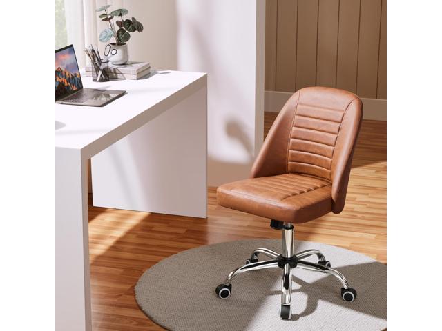 Yaheetech PU Leather Armless Task Office Chair, Modern Tiltable Mid Back Vanity Chair with Rolling Wheels, Metal Base Retro Brown