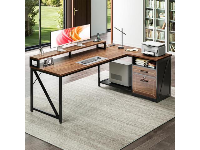 AODK L Shaped Desk with Wooden Drawers & Locking File Cabinet, 61 Inch Large Executive Desk with Power Outlet, Led Computer Desk with Storage,...