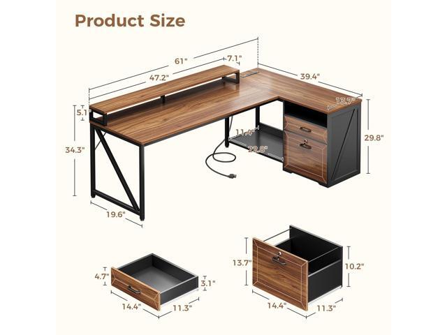 AODK L Shaped Desk with Wooden Drawers & Locking File Cabinet, 61 Inch Large Executive Desk with Power Outlet, Led Computer Desk with Storage,...