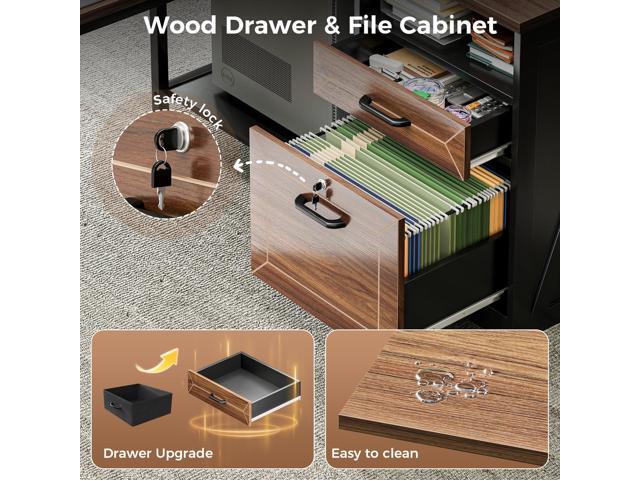 AODK L Shaped Desk with Wooden Drawers & Locking File Cabinet, 61 Inch Large Executive Desk with Power Outlet, Led Computer Desk with Storage,...