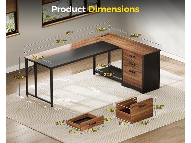 AODK 61' L Shaped Office Desk with Wood Drawers & Lockable File Cabinet, Reversible 21.7' D Corner Computer Desk with Built-in Power Outlets,...