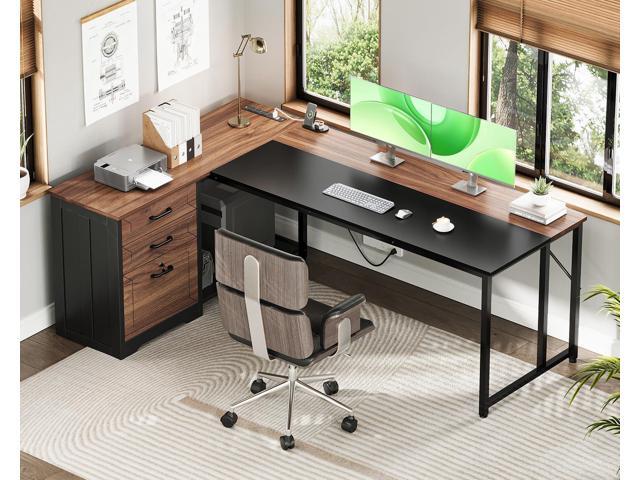 AODK 61' L Shaped Office Desk with Wood Drawers & Lockable File Cabinet, Reversible 21.7' D Corner Computer Desk with Built-in Power Outlets,...