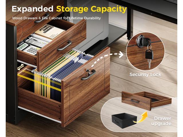 AODK 61' L Shaped Office Desk with Wood Drawers & Lockable File Cabinet, Reversible 21.7' D Corner Computer Desk with Built-in Power Outlets,...