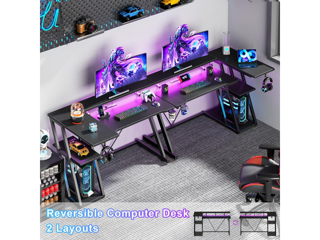 40 Inch Gaming Desk with Power Outlet & LED Lights, L Shaped Computer Gaming Table with 3 Tiers Storage Shelves, Corner Gamer Desk with Monitor...