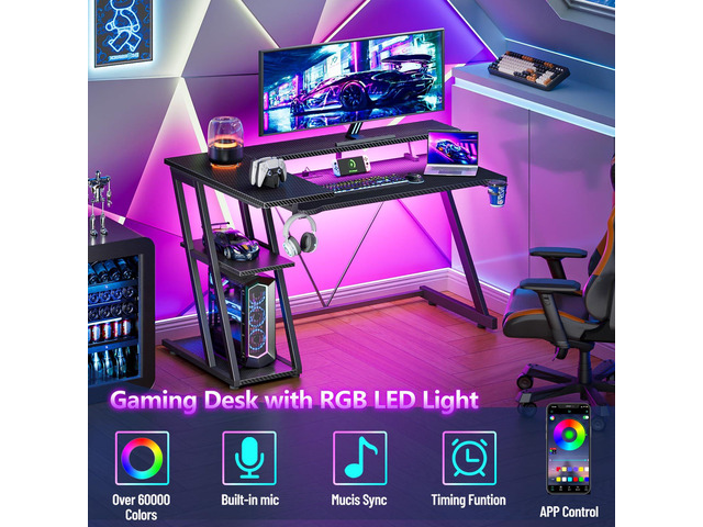 40 Inch Gaming Desk with Power Outlet & LED Lights, L Shaped Computer Gaming Table with 3 Tiers Storage Shelves, Corner Gamer Desk with Monitor...