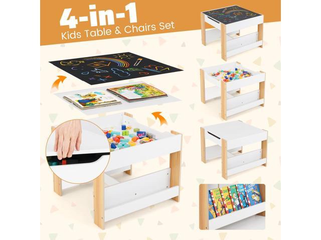 LDAILY Kids Table and Chairs, 4 in 1 Wooden Activity Table with Bookshelves, Storage Drawer, Reversible Tabletop & Chalkboard, Toddler Table and...