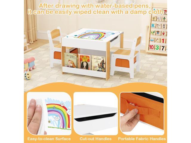 LDAILY Kids Table and Chairs, 4 in 1 Wooden Activity Table with Bookshelves, Storage Drawer, Reversible Tabletop & Chalkboard, Toddler Table and...