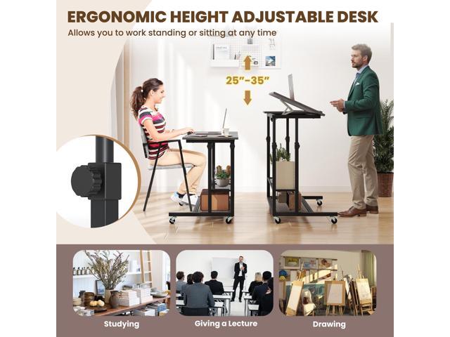 Giantex Mobile Standing Desk, Adjustable Rolling Computer Desk w/Tilting Desktop & Storage Shelves, PC Laptop Table, Small Compact Desk on Wheels...